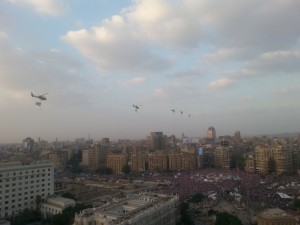 Protesters in Tahrir cheered as military helicopters flew overhead [Courtesy: Sarah Sirgany]