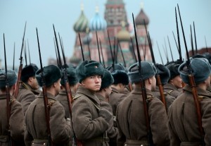 Russian soldiers dressed in Red Army World War II uniforms prepare to parade in Red Square with St. Basil's Cathedral in the background in Moscow, Russia on Thursday, Nov. 7, 2013 to mark the 72nd anniversary of a historic World War II parade [AP]