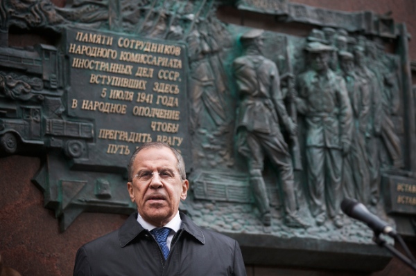 Russian Foreign Minister Sergey Lavrov speaks during a ceremony of the unveiling of a plaque on a wall of the Foreign Ministry headquarters, dedicated to diplomats who volunteered to go to the front line during the WWII, in Moscow, Russia, Monday, Feb. 10, 2014 [AP]