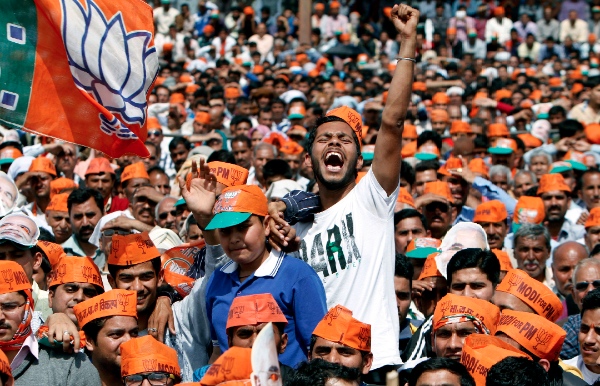 Supporters of India's right wing nationalist Bharatiya Janata Party in Hiranagar 55 kilometers (34 miles) from Jammu, India, Wednesday, March 26, 2014 [AP]