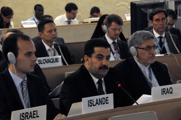 Mohammed Shia' Al Sudani (C), the Iraqi Minister of Human Rights, speaks at the a special session of the United Nations Human Rights Council (HRC) on human rights situation in Iraq, in Geneva, Switzerland, Sept. 1, 2014 [Xinhua]