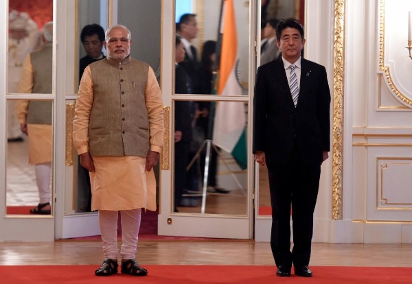 Indian Prime Minister Narendra Modi with Japanese counterpart Shinzo Abe at the Akasaka Palace in Tokyo on 1 September 2014 [PMO, India]
