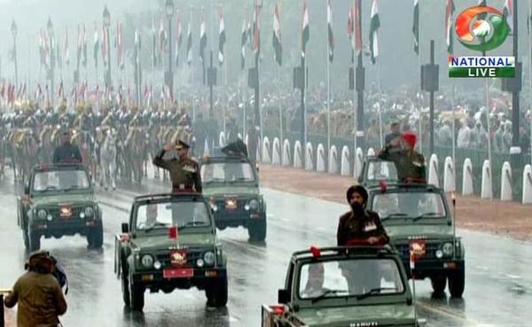 TV grab of a rain-drenched Republic Day parade in New Delhi on 26 January 2015 