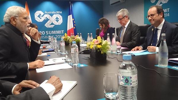 File photo of Indian Prime Minister Narendra Modi with French President Francois Hollande at the G20 Summit in Australia in November 2014 [Image: G20.org]