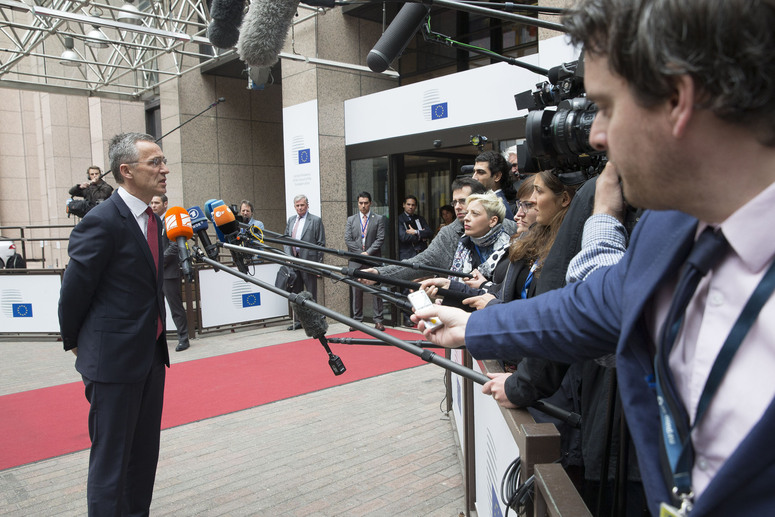 NATO Secretary General Jens Stoltenberg talking to the media prior to the meeting of the EU Foreign Affairs Council on 18 May 2015 [Image: Nato]