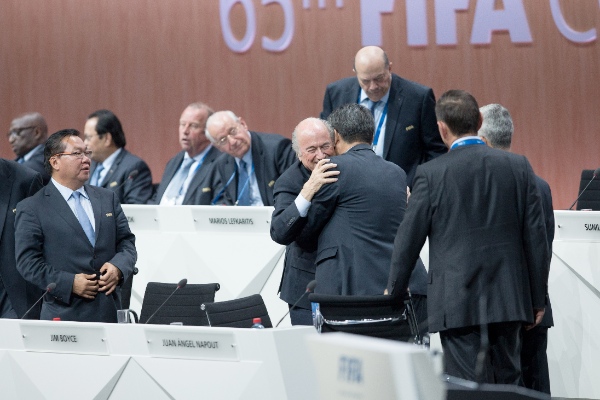 FIFA President Sepp Blatter (C, front) receives congratulations after being re-elected during the 65th FIFA Congress in Zurich, Switzerland, May 29, 2015 [Xinhua]