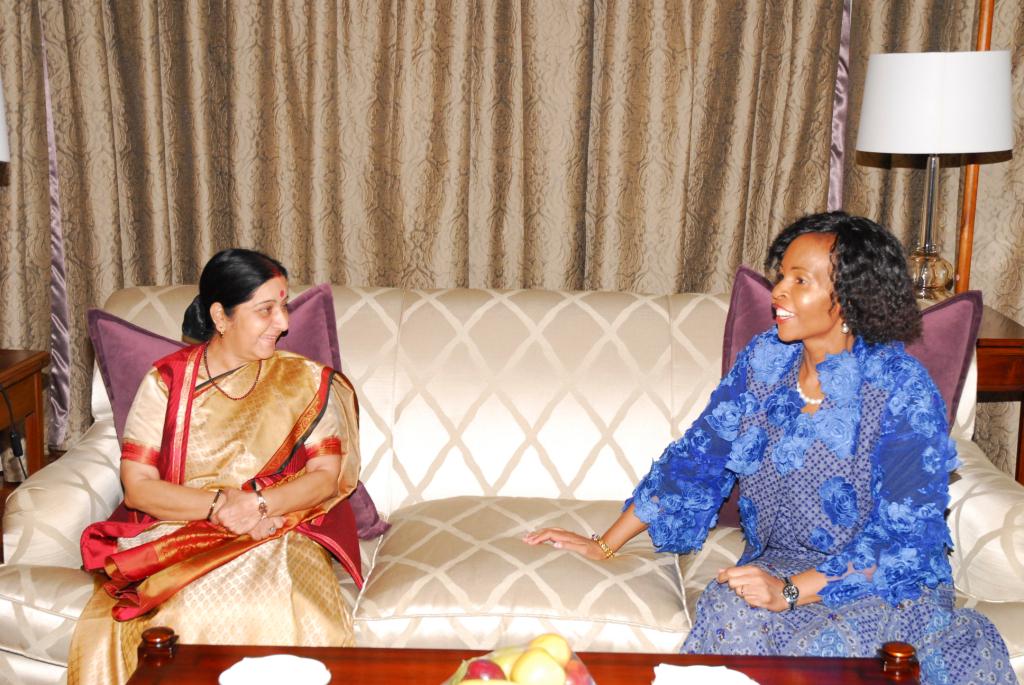 South Africa's Minister of International Relations and Cooperation, Ms Maite Nkoana-Mashabane (right) with the Indian Minister of External Affairs Sushma Swaraj in Durban on Tuesday, 19 May 2015 [Image: MEA, India]