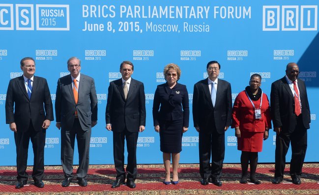 Zhang Dejiang chairman of the Standing Committee of the Chinese Parliament   (seen here 3rd from the right) at the BRICS Parliament forum in Moscow, Russia on 8 June 2015 [Image: BRICS2015.ru]