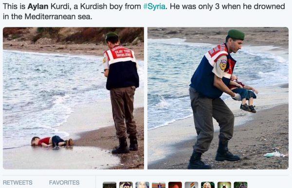 Thousands of social media accounts such as this one published the picture of three-year-old Aylan's body washed up on a Turkish shore 
