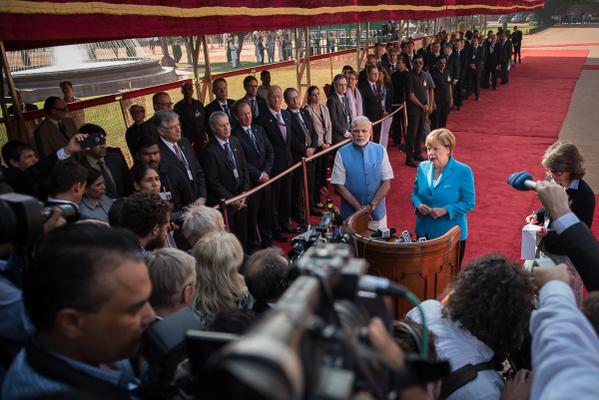 German Chancellor Angela Merkel addresses the press ahead of talks with Indian Prime Minister Narendra Modi [Image:  Germany Mission in India]
