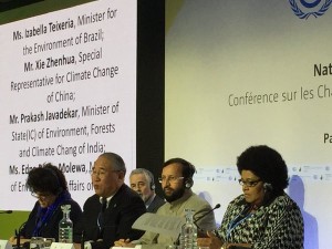 Indian Environment Minister Prakash Javadekar (2nd from right) and China's Special Representative for Climate Change Xie Zhenhua (3rd from right) at the BASIC (Brazil, India, China, South Africa) talks on the sidelines of the COP21 in Paris [Image: MEA, India] 