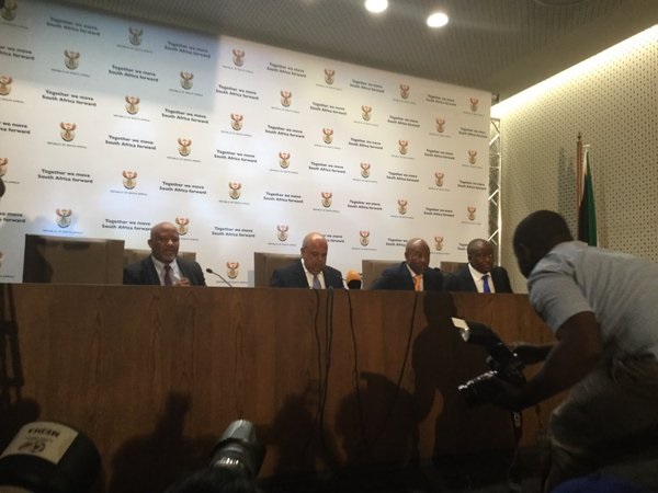 New South African Finance Minister Pravin Gordhan (2nd from left) at a media briefing in Pretoria, South Africa [Image: GCIS]