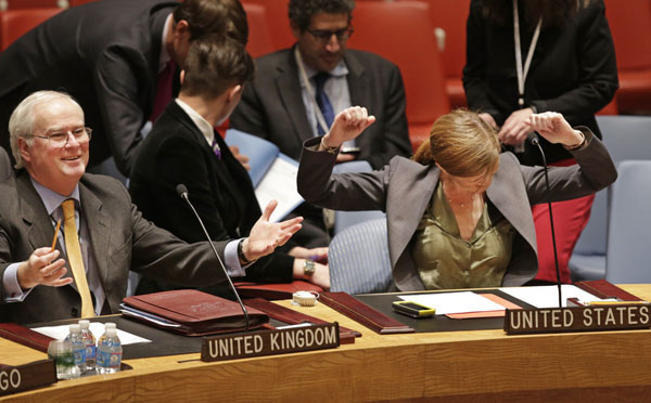 File photo: Samantha Power, the US permanent representative to the UN, in a jubilant moment at the UNSC [Xinhua]