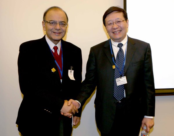 Chinese Finance Minister Lou Jiwei also held a bilateral meeting with his Indian counterpart Arun Jaitley in Washington, US on 15 April 2016 [Image: Indian Finance Ministry]