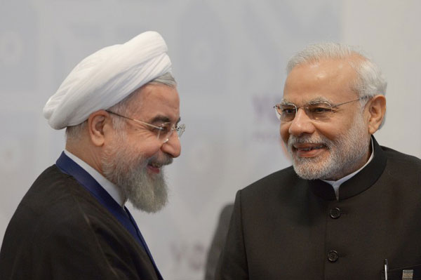 Iran's President Hassan Rouhani (left) meets with India's Prime Minister Narendra Modi in Ufa on July 9, 2015 on the sidelines of a summit of the BRICS in Ufa, Russia [Image: BRICS2015]
