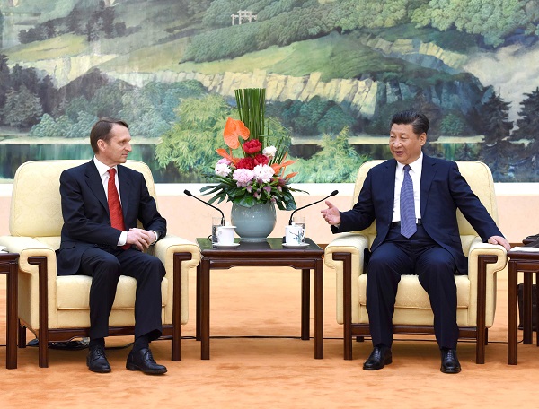 Chinese President Xi Jinping (R) meets with Sergei Naryshkin, head of the State Duma, Russia's lower house of parliament, in Beijing, capital of China, May 5, 2016 [Xinhua]