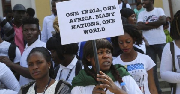 File photo: African students protest in Bangalore against the racist attack on a Tanzanian woman in the southern Indian city of Bangalore [Xinhua]