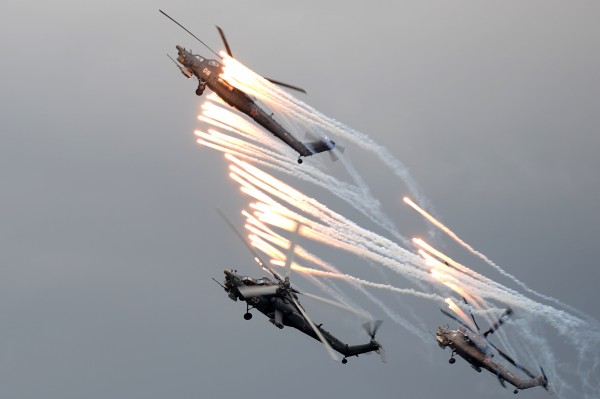Russia is testing the combat readiness of many of its major arms materiel, such as these Mi-28 attack helicopters seen at an aerial show earlier in the year [Xinhua]