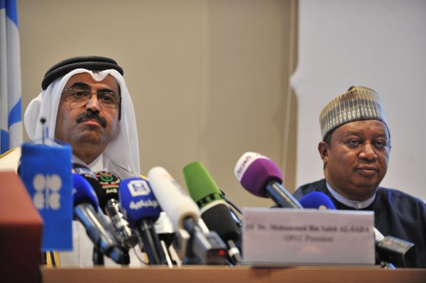 Organization of Petroleum Producing Countries (OPEC) Secretary General Mohammad Sanusi Barkindo (R) and President of OPEC Mohammed Bin Saleh Al-Sada have called the production cut agreement "historic" [Xinhua] 