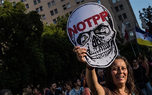 File photo of a woman holding a placard during a protest against the Trans-Pacific Partnership [Xinhua]